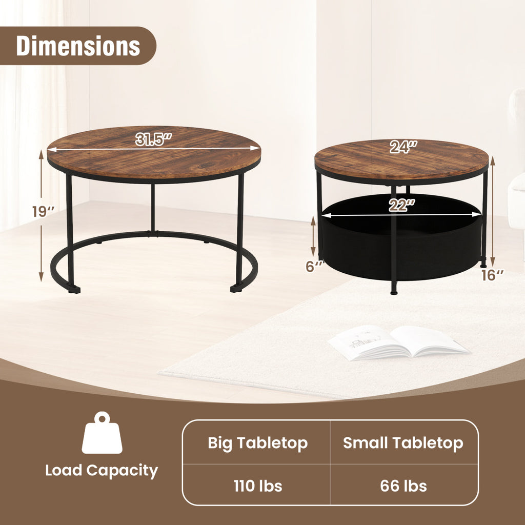 Round Coffee Table Set of 2 (31.5" & 24") with Storage Basket - Brown