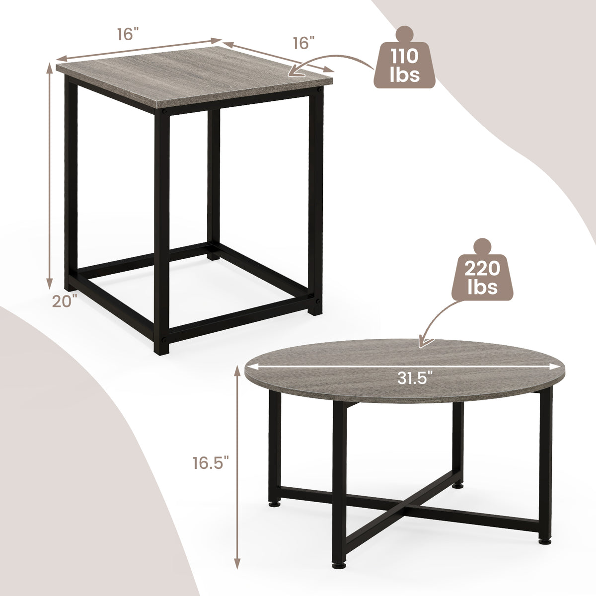 3-Piece Coffee Table Set, Gray - Round & Square End Tables