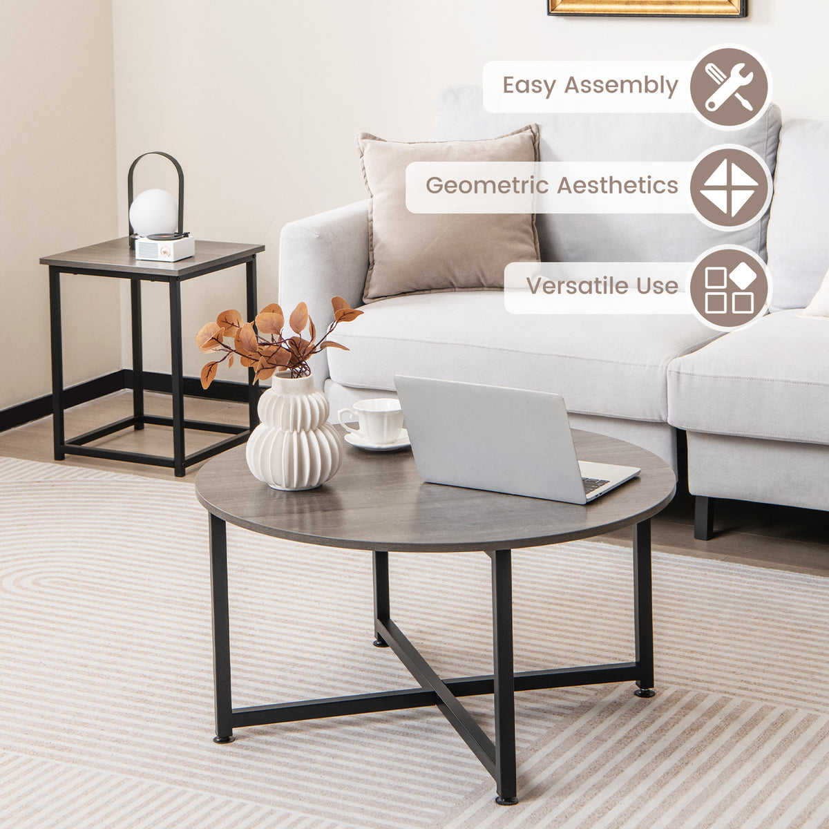 3-Piece Coffee Table Set, Gray - Round & Square End Tables