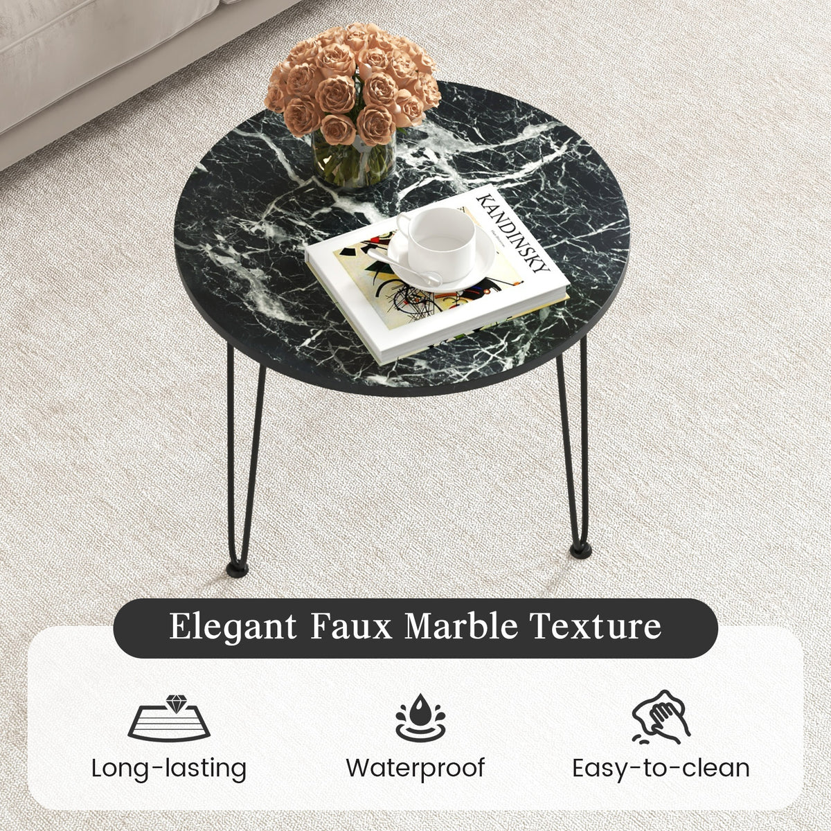 Round Coffee Table with Thickened Tabletop, Black