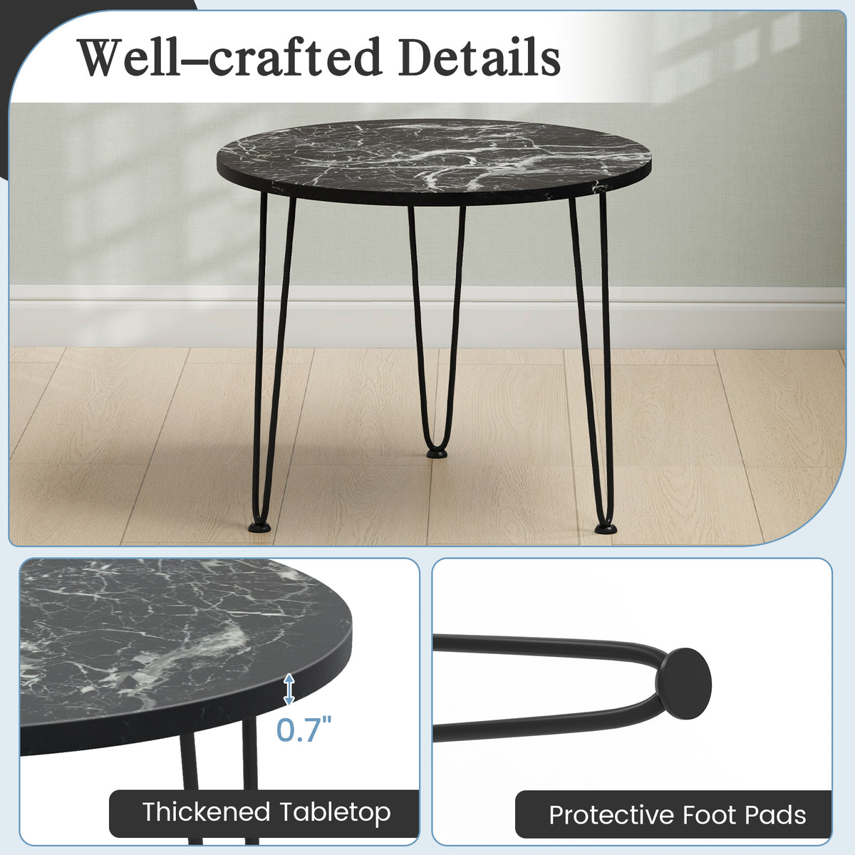 Round Coffee Table with Thickened Tabletop, Black