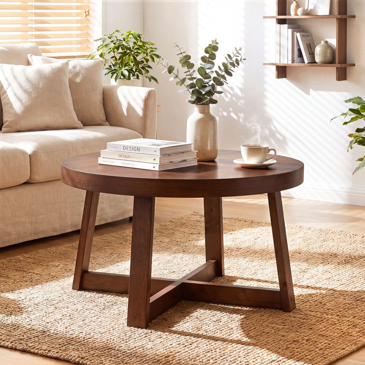 Round Coffee Table 30 inch Farmhouse Accent Table - Walnut