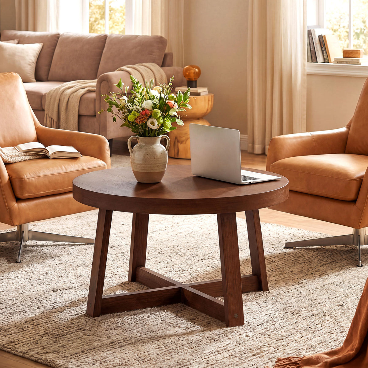 Round Coffee Table 30 inch Farmhouse Accent Table - Walnut
