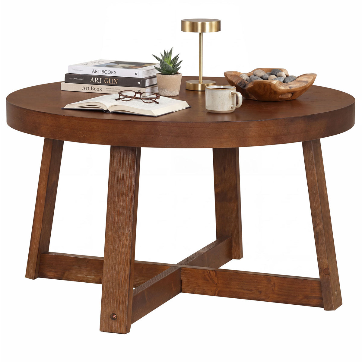 Round Coffee Table 30 inch Farmhouse Accent Table - Walnut