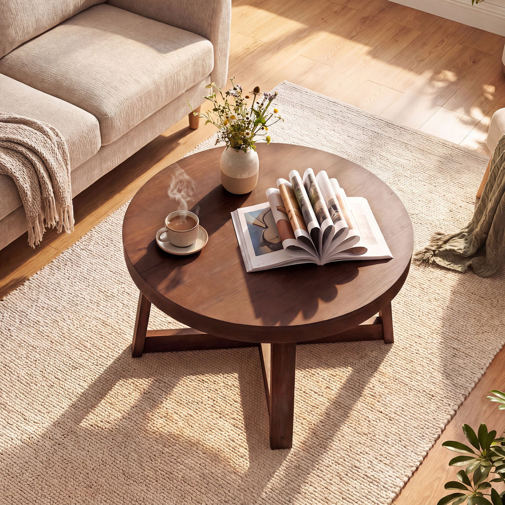 Round Coffee Table 30 inch Farmhouse Accent Table - Walnut