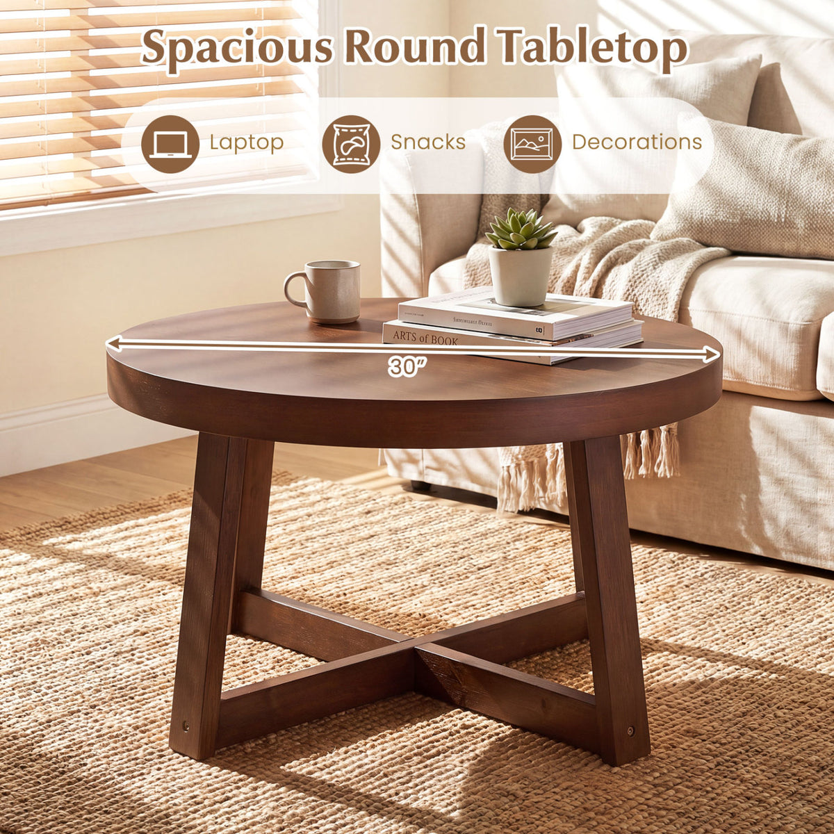 Round Coffee Table 30 inch Farmhouse Accent Table - Walnut