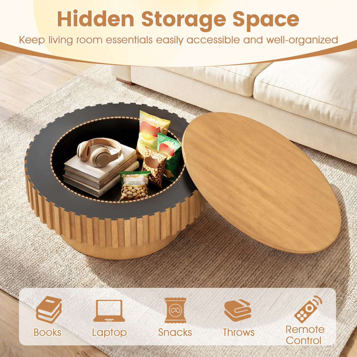 Round Coffee Table with Storage - Natural
