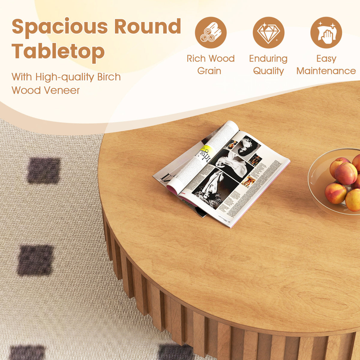 Round Coffee Table with Storage - Natural