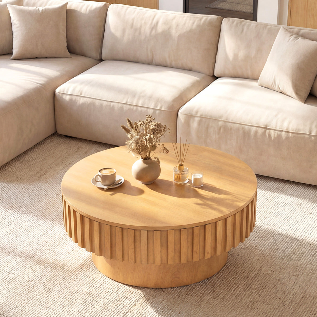 Round Coffee Table with Storage - Natural