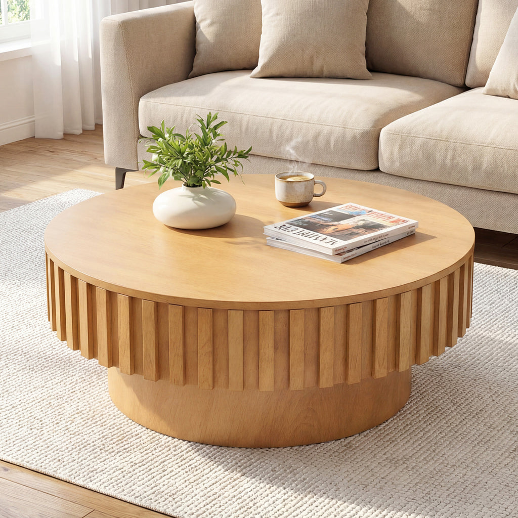 Round Coffee Table with Storage - Natural