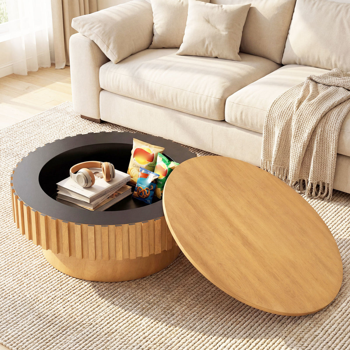 Round Coffee Table with Storage - Natural