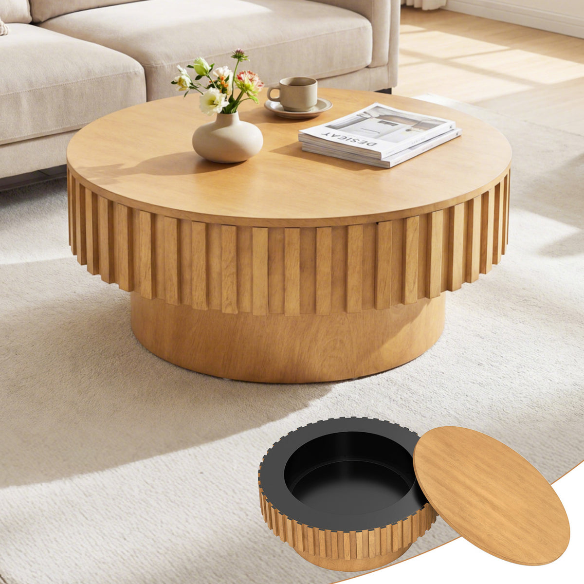 Round Coffee Table with Storage - Natural