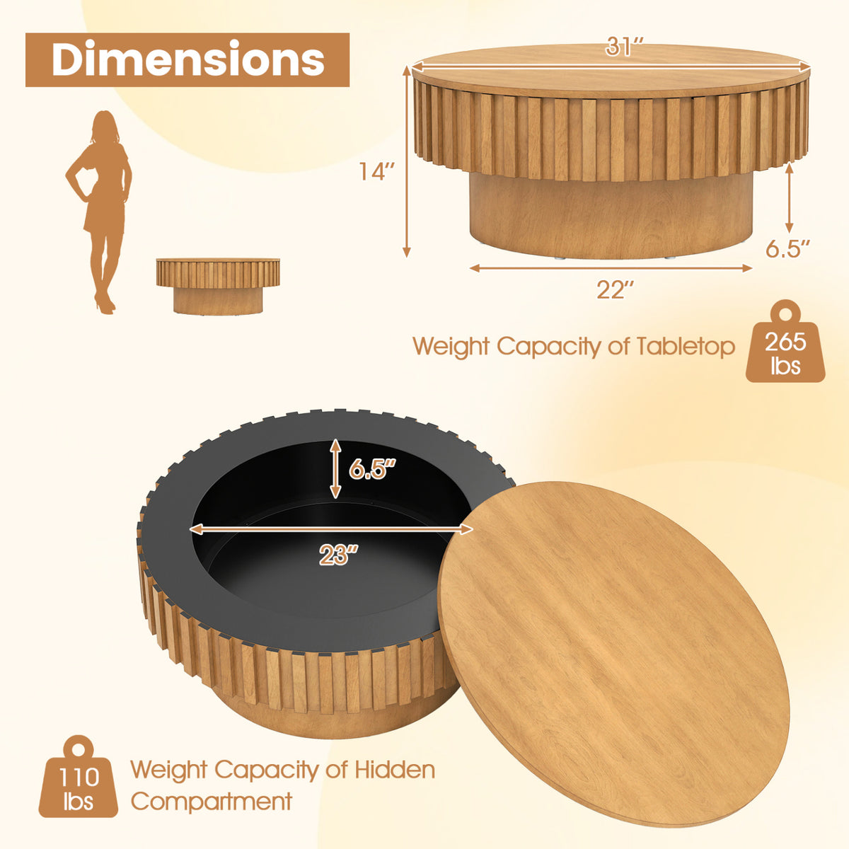 Round Coffee Table with Storage - Natural