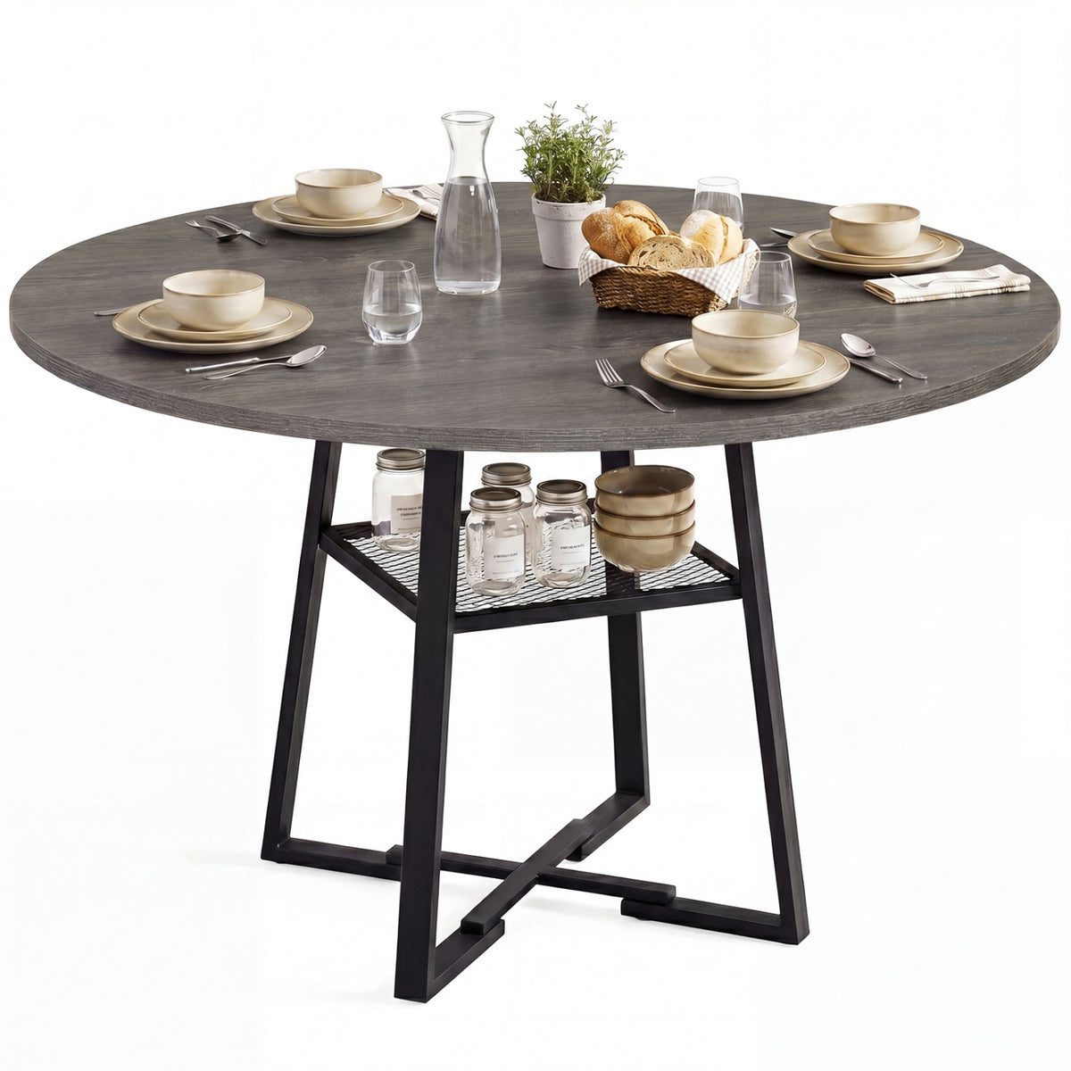 Round Dining Table for 4-6 with Storage Shelf – Gray