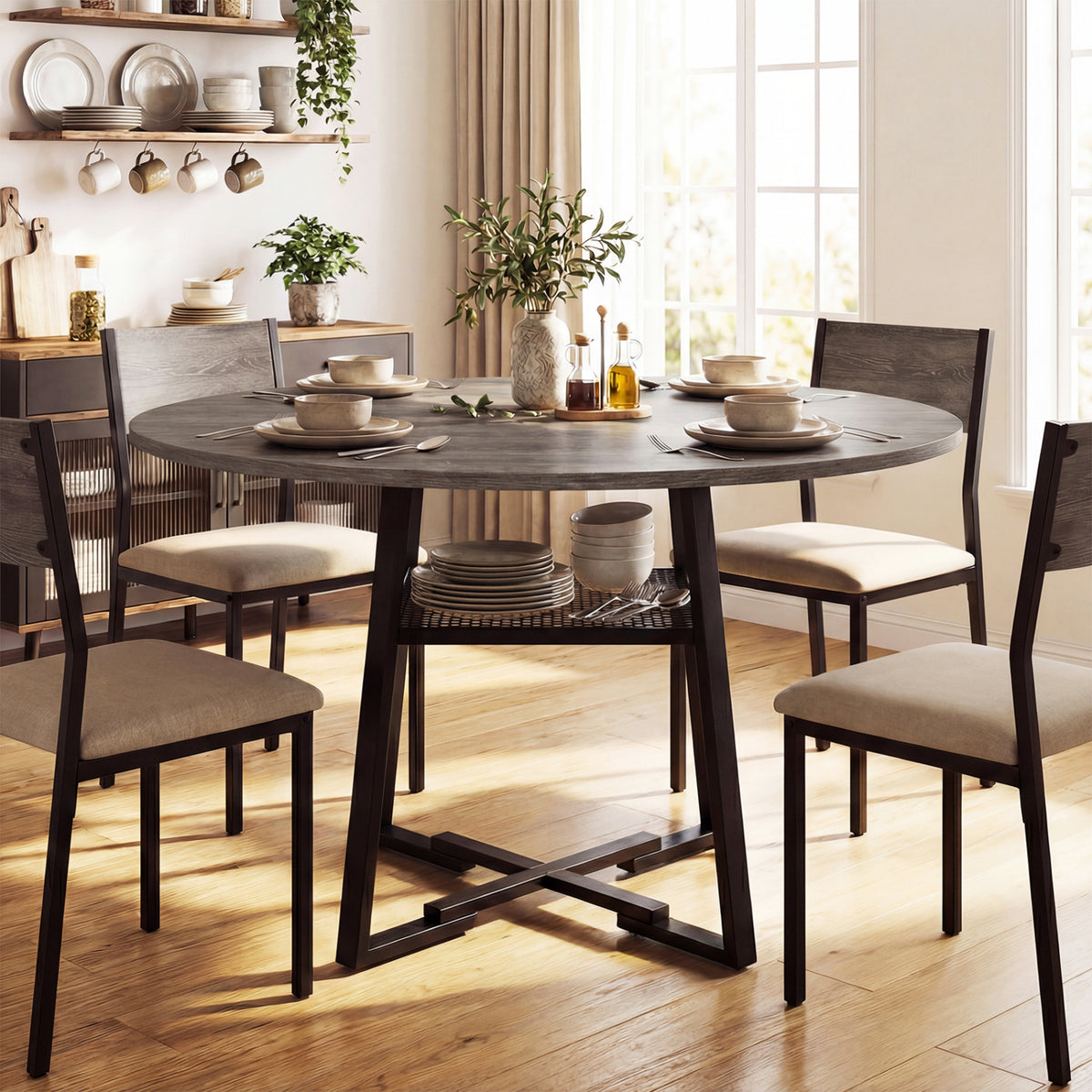 Round Dining Table for 4-6 with Storage Shelf – Gray