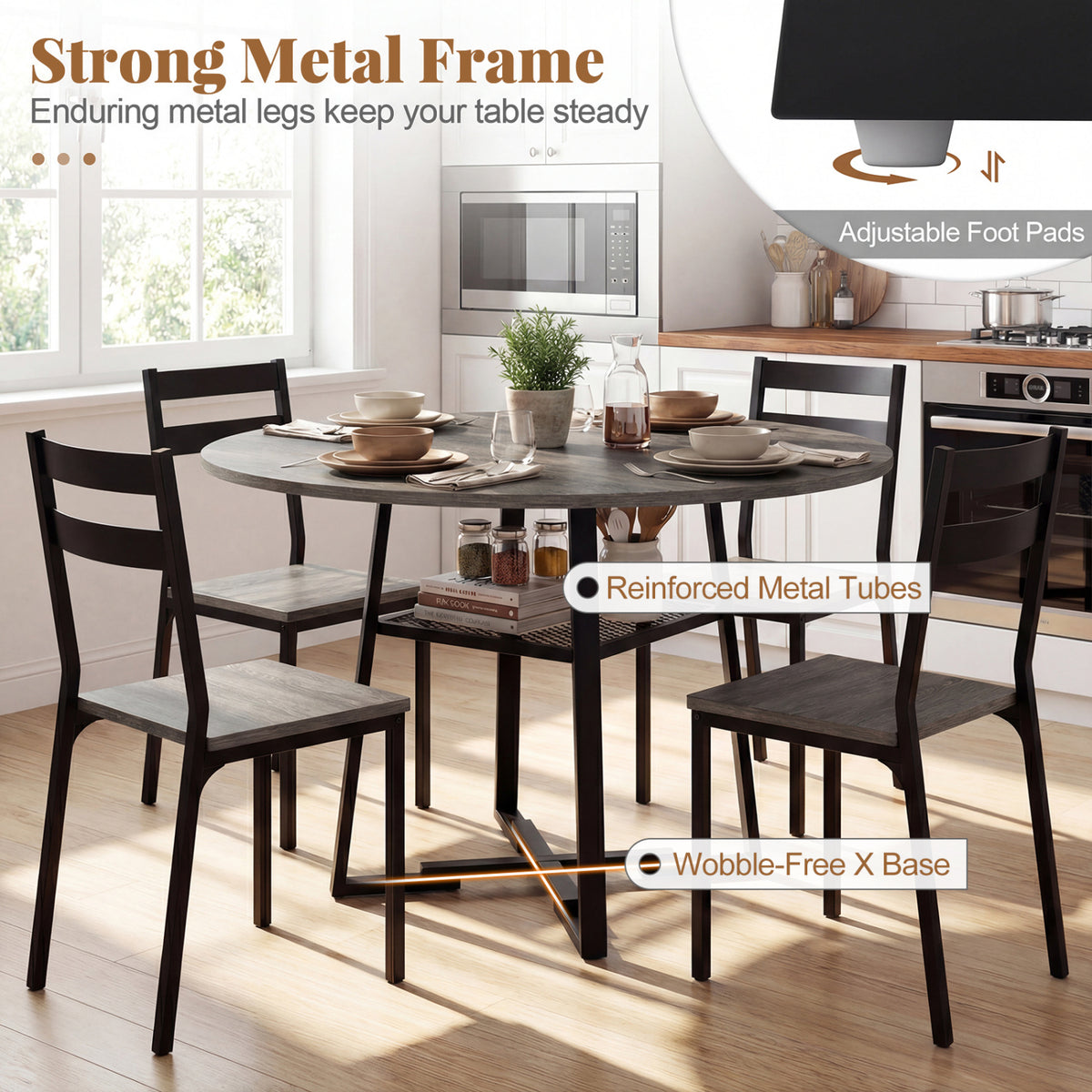 Round Dining Table for 4-6 with Storage Shelf – Gray