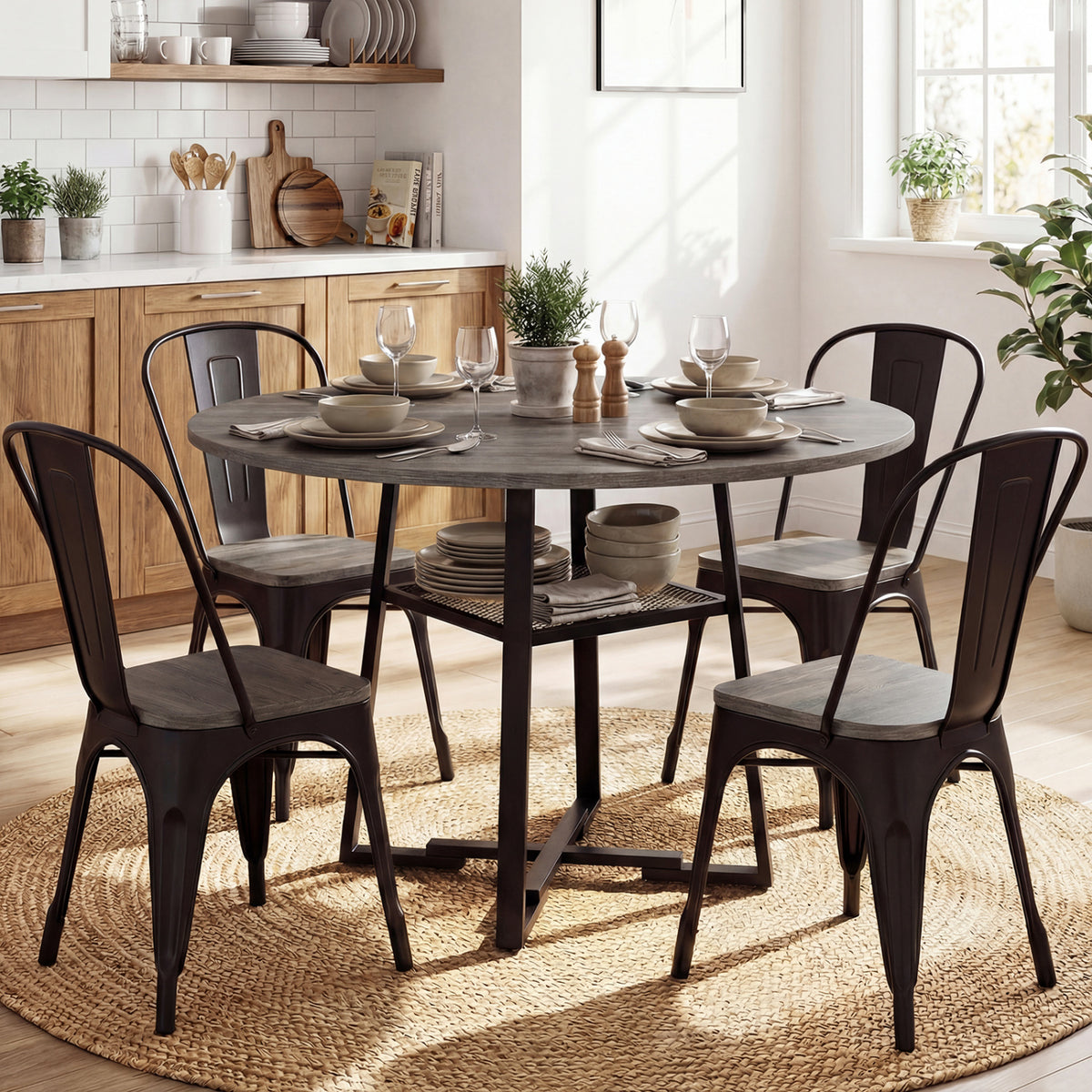 Round Dining Table for 4-6 with Storage Shelf – Gray