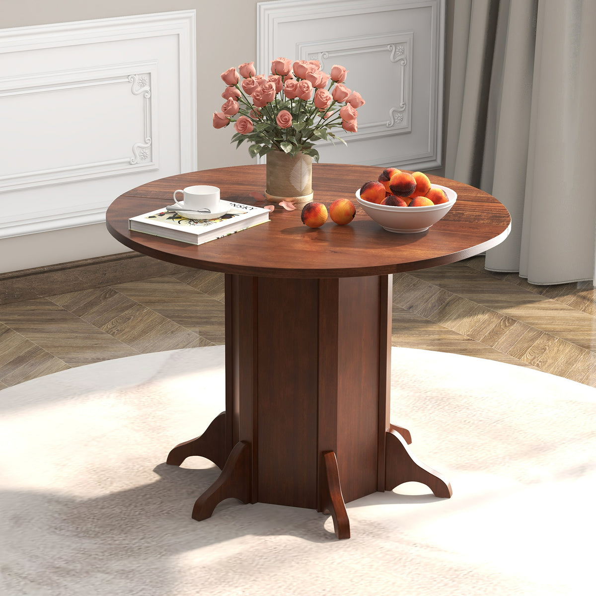 Round Dining Table with Pedestal Base for 4-6 People - Walnut