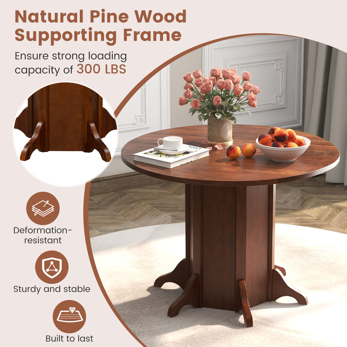 Round Dining Table with Pedestal Base for 4-6 People - Walnut