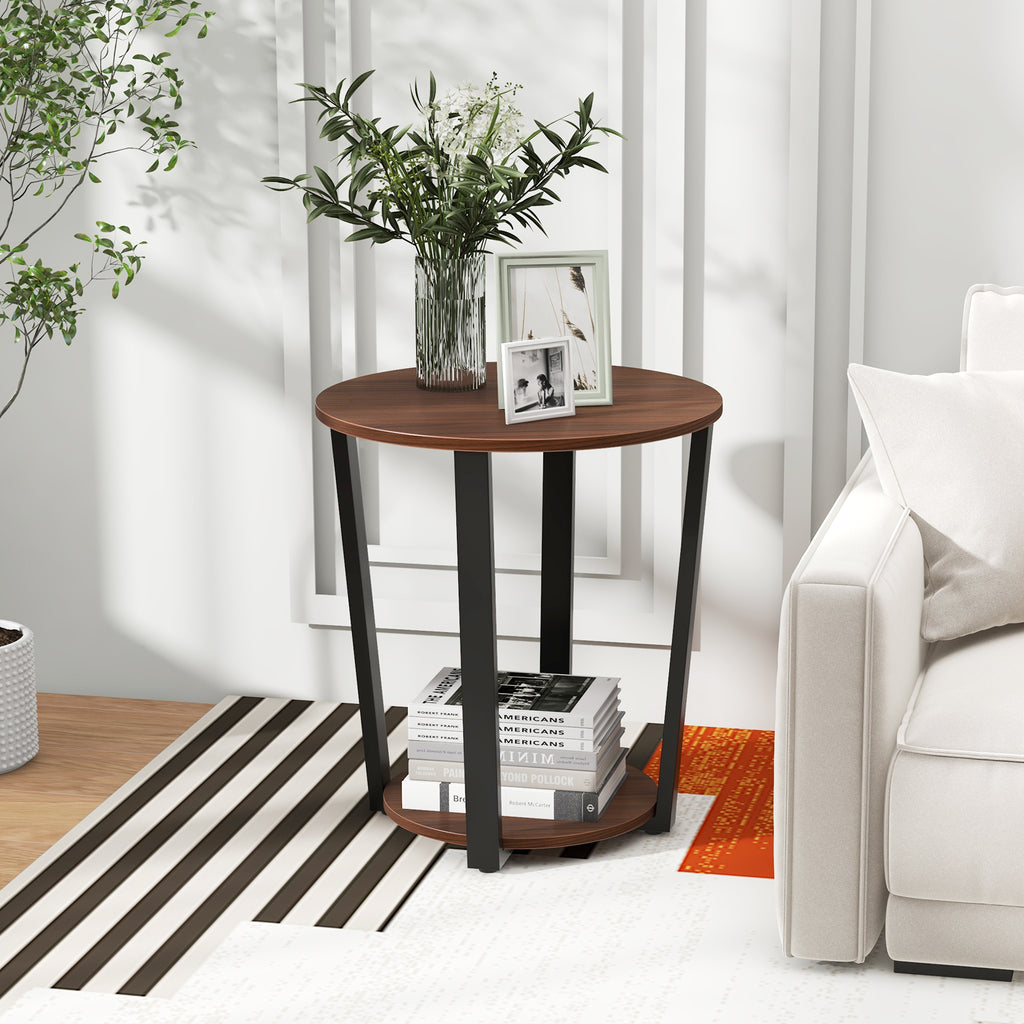 Round End Table with Open Shelf and Metal Frame - Walnut
