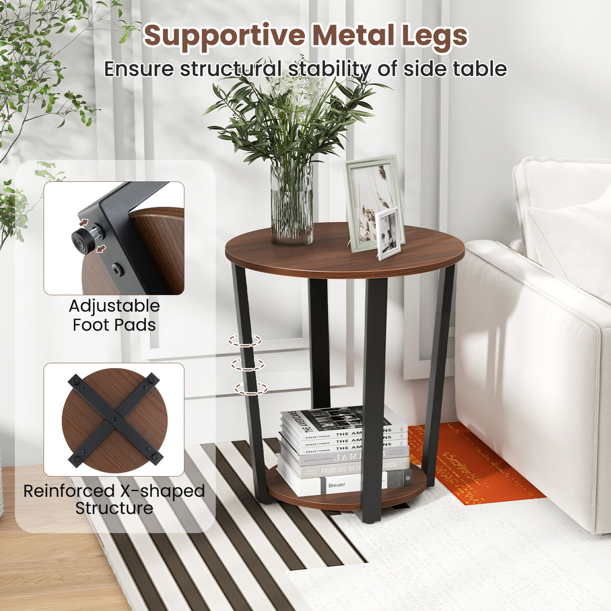 Round End Table with Open Shelf and Metal Frame - Walnut