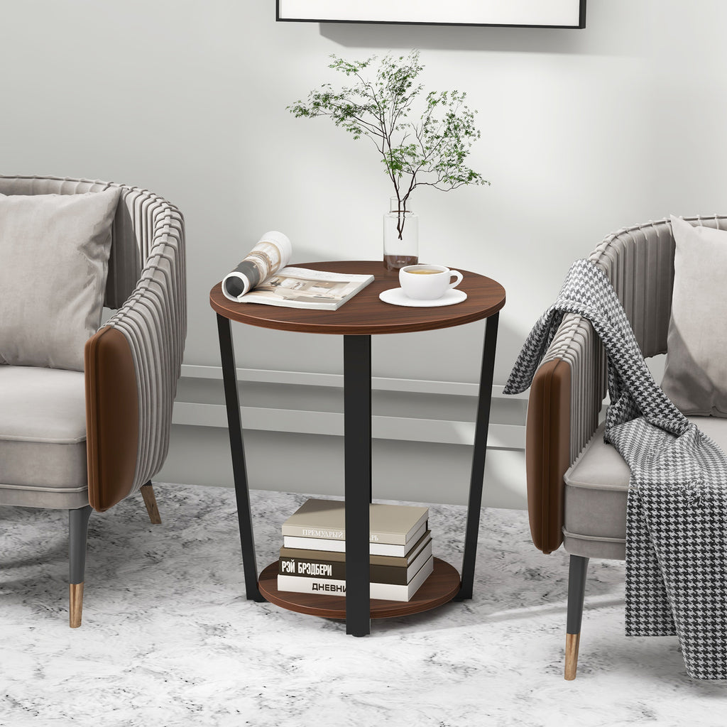 Round End Table with Open Shelf and Metal Frame - Walnut
