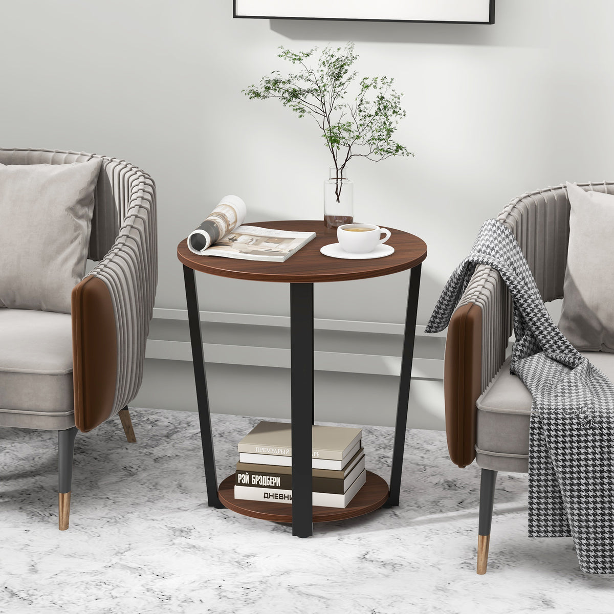 Round End Table with Open Shelf and Metal Frame - Walnut