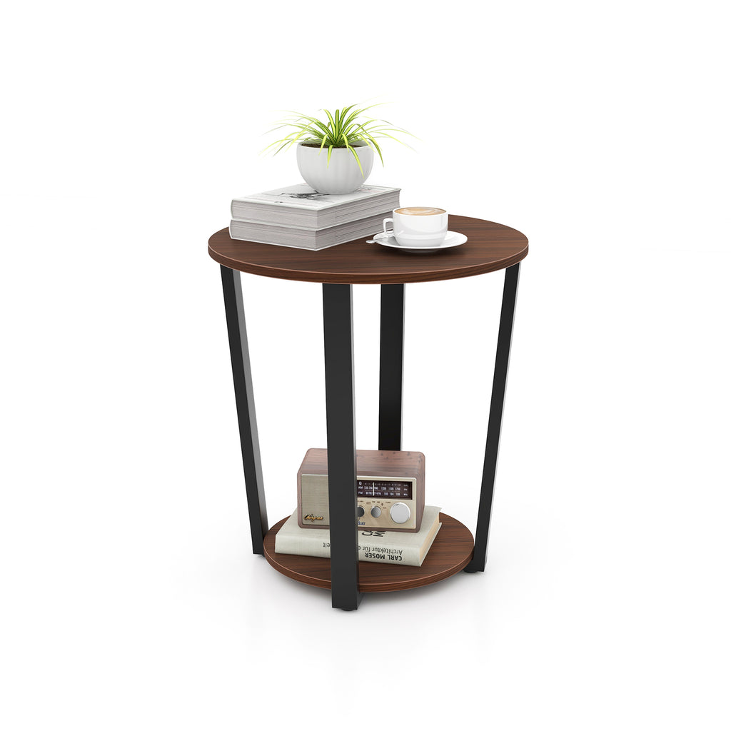 Round End Table with Open Shelf and Metal Frame - Walnut