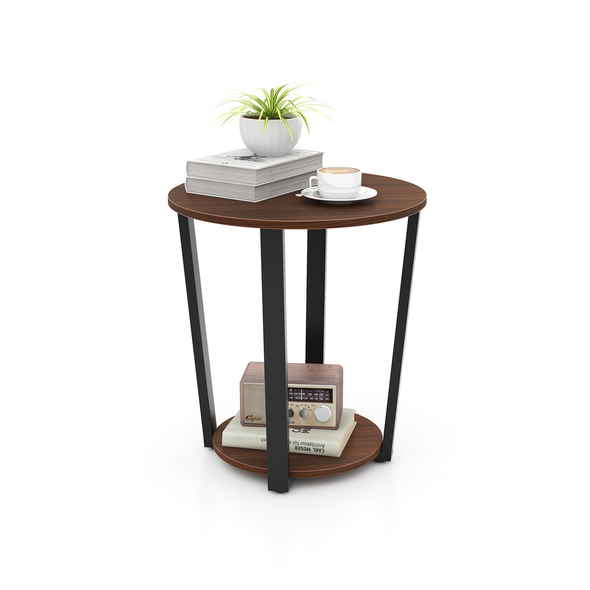 Round End Table with Open Shelf and Metal Frame - Walnut