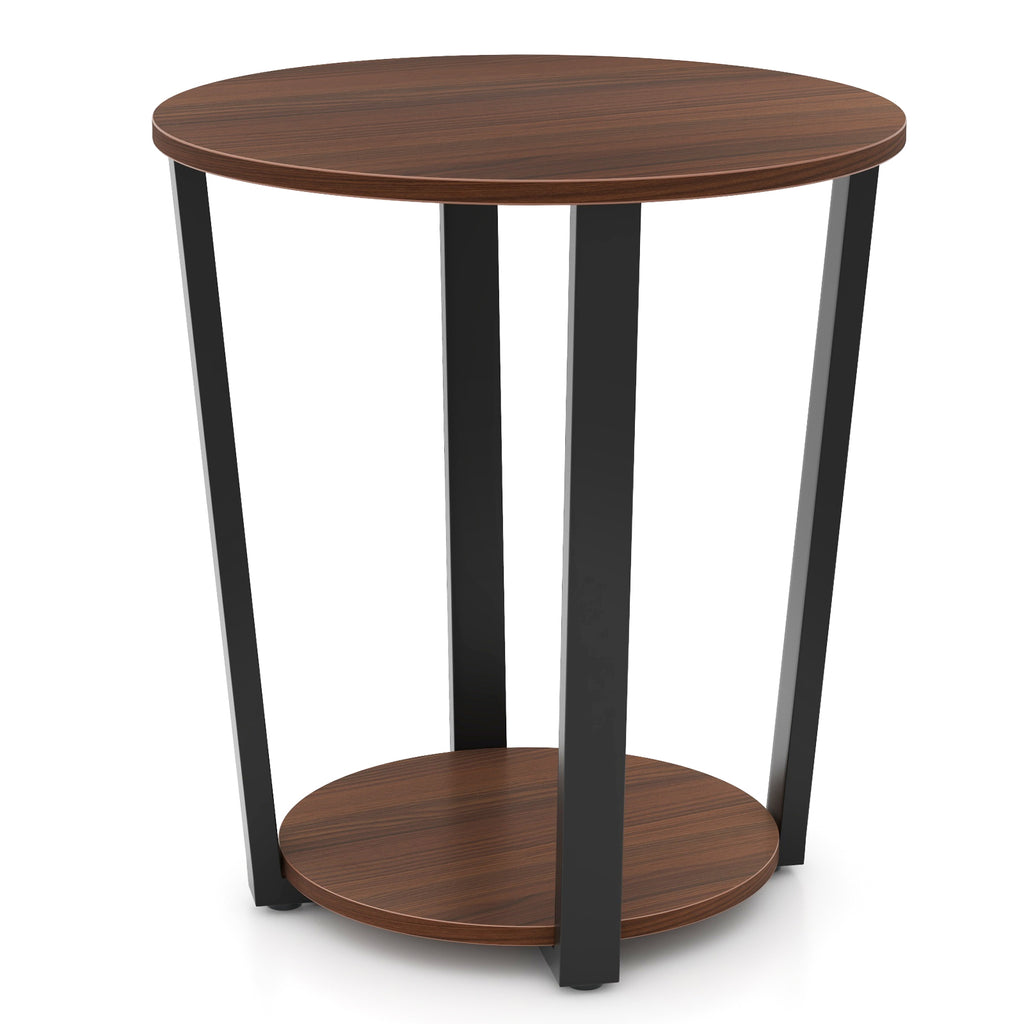 Round End Table with Open Shelf and Metal Frame - Walnut