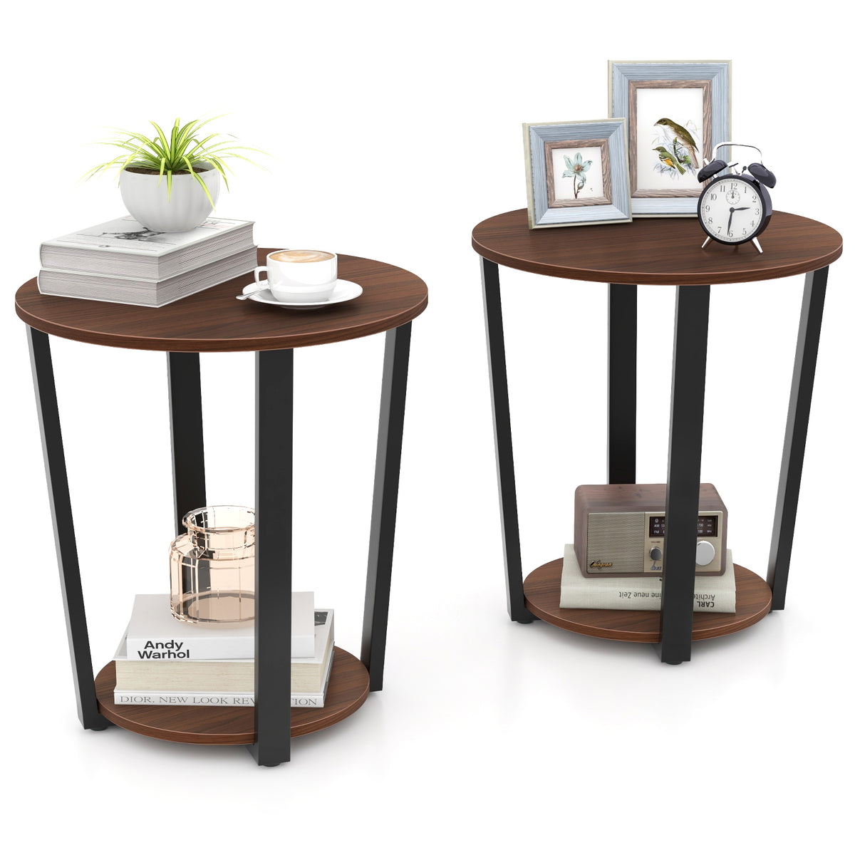 Round End Table with Open Shelf and Metal Frame - Walnut