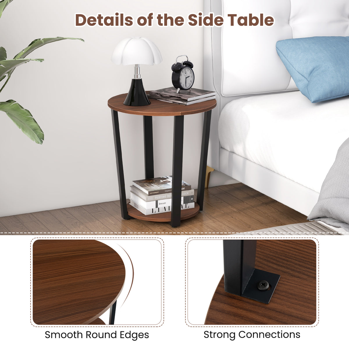 Round End Table with Open Shelf and Metal Frame - Walnut
