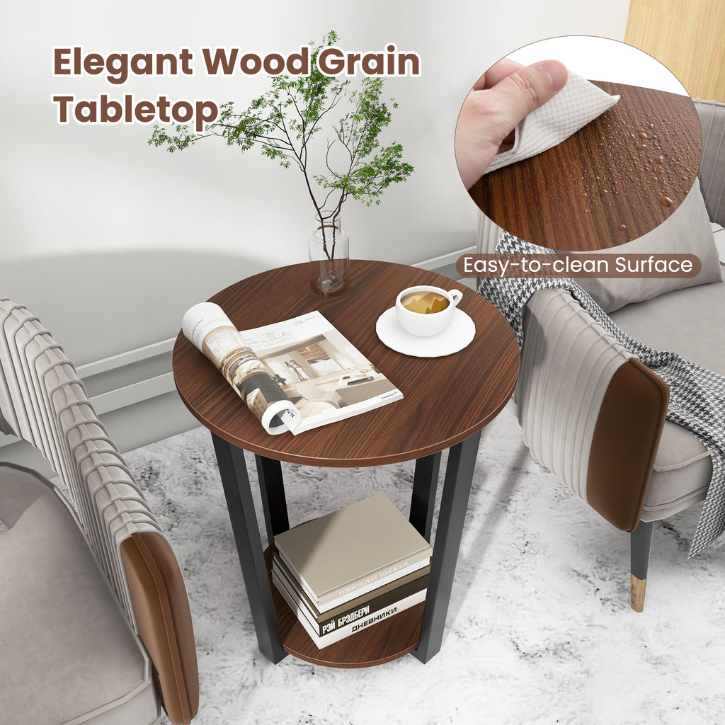 Round End Table with Open Shelf and Metal Frame - Walnut