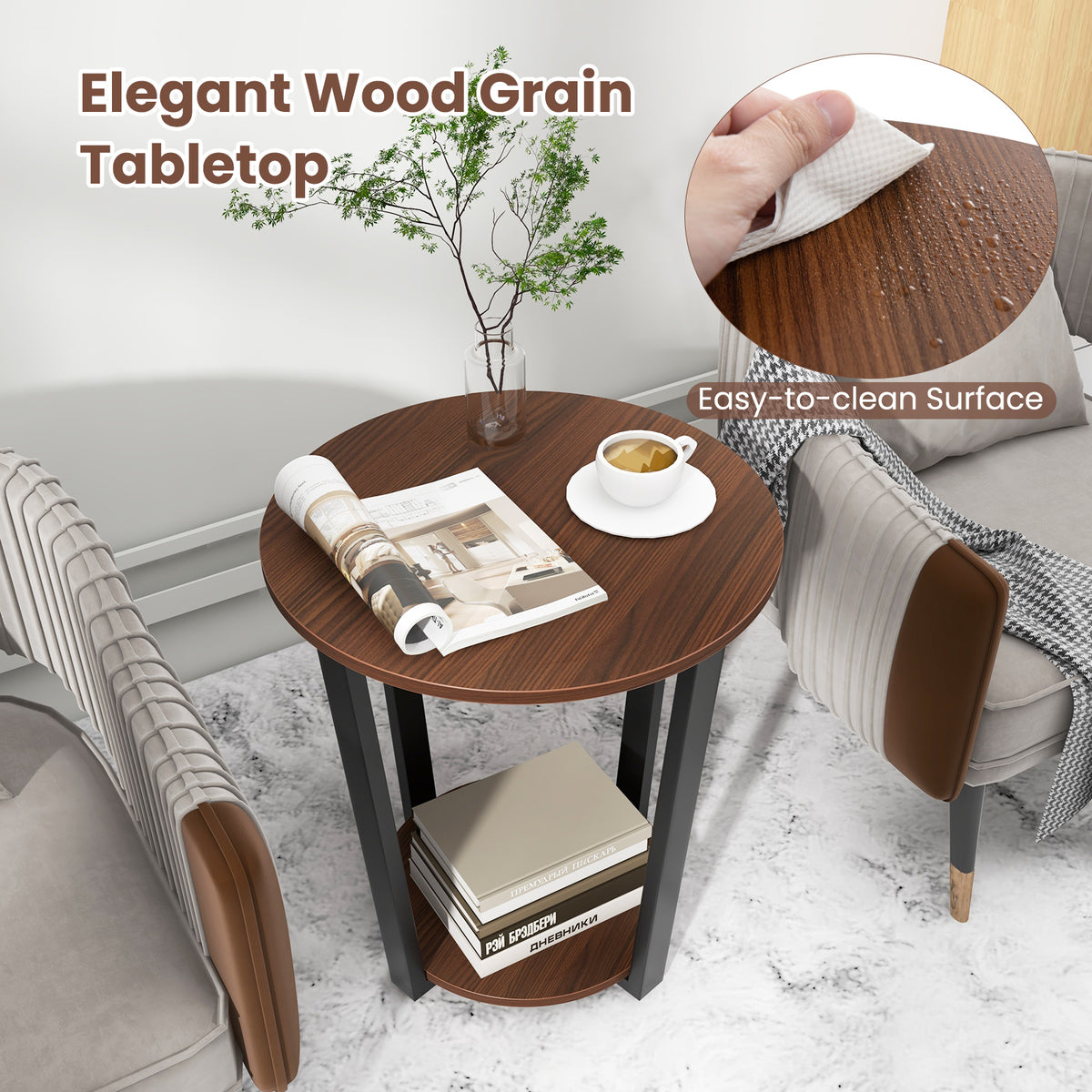 Round End Table with Open Shelf and Metal Frame - Walnut