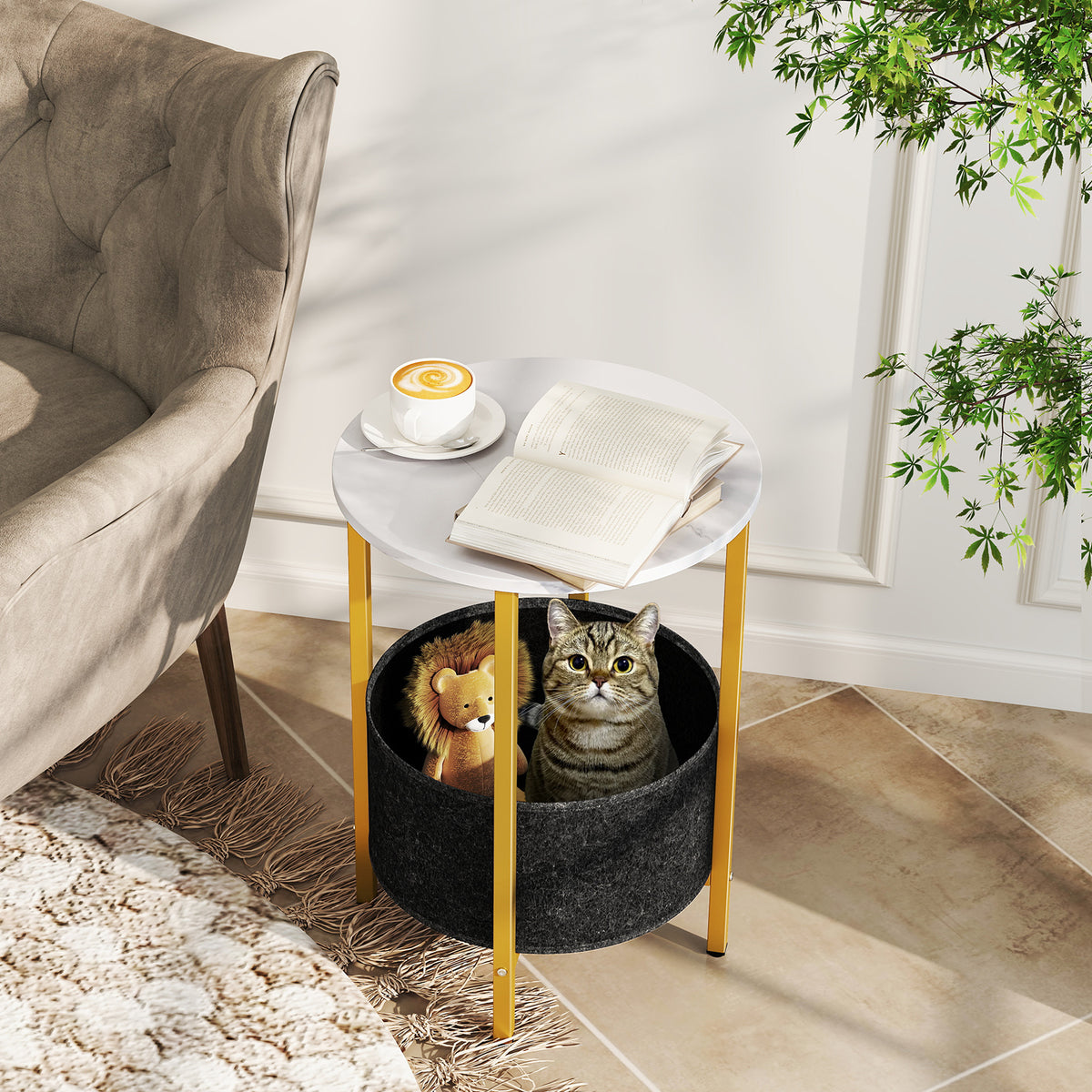 Round End Table with Removable Basket, White