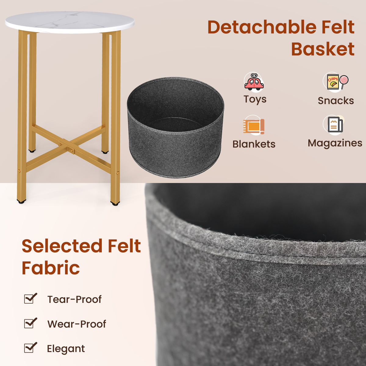 Round End Table with Removable Basket, White