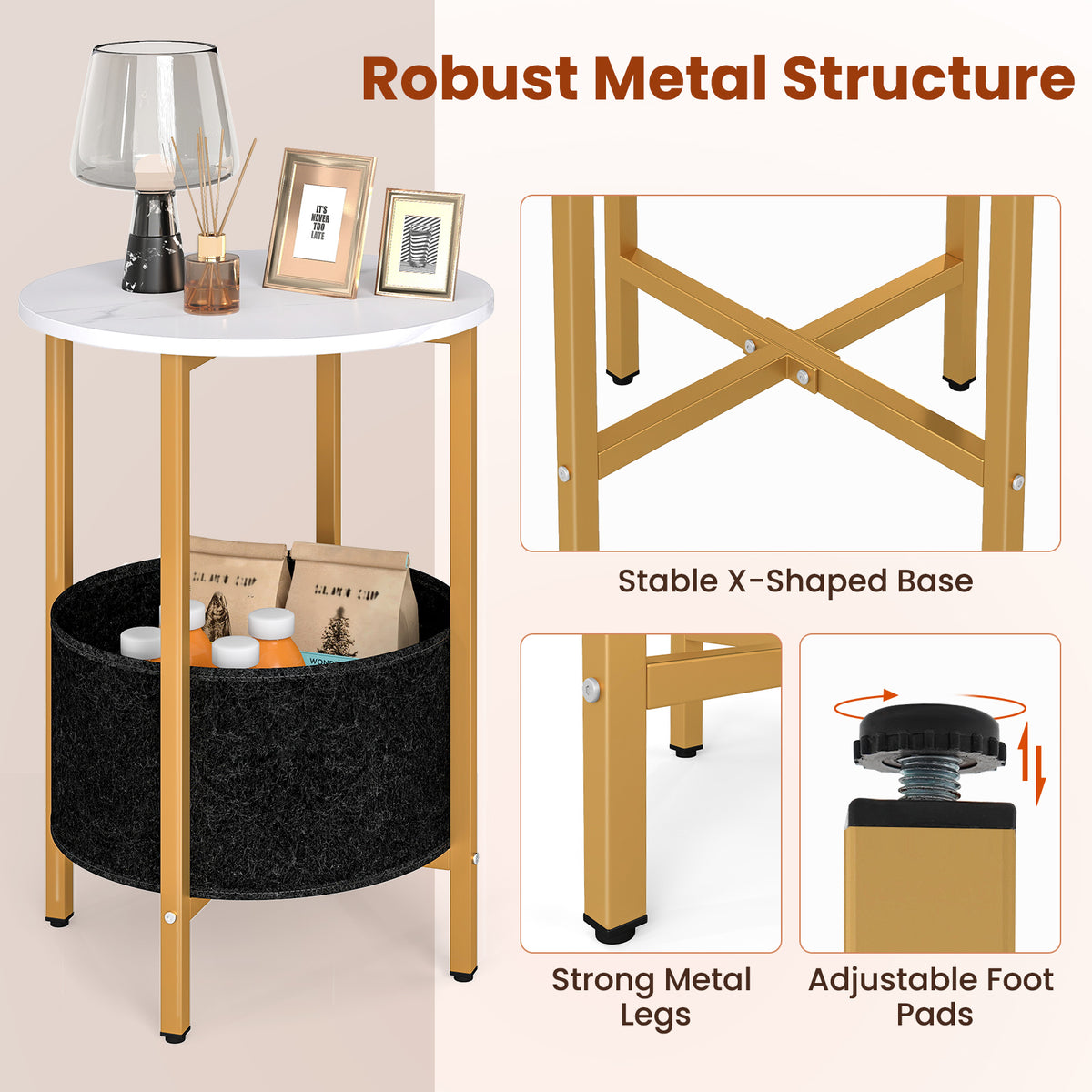 Round End Table with Removable Basket, White
