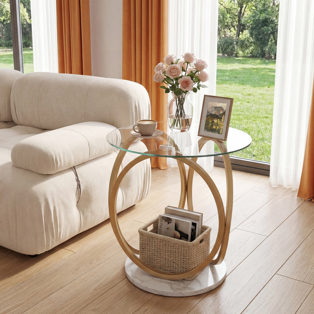 Round End Table with Faux Marble Base, Tempered Glass Top – Gold