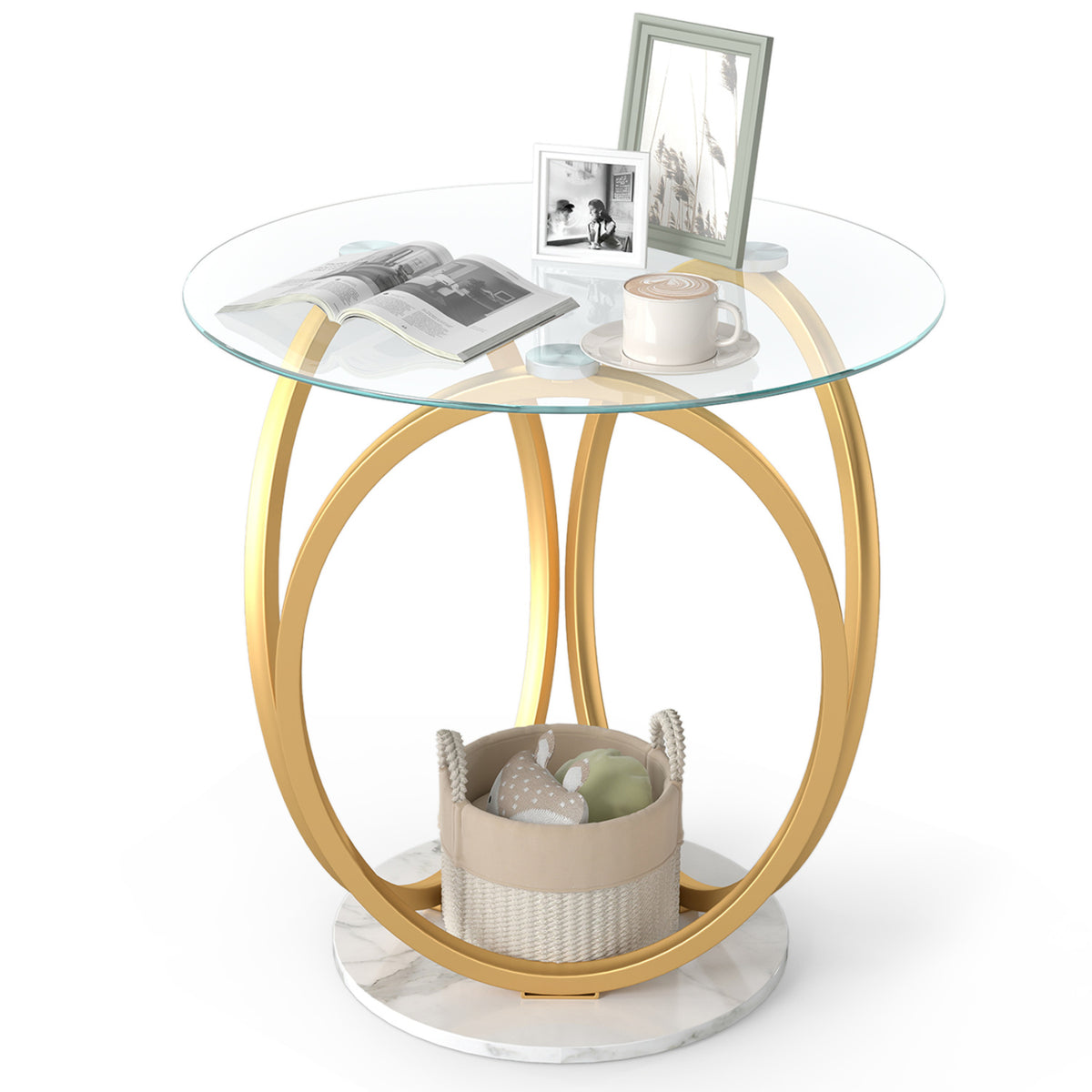 Round End Table with Faux Marble Base, Tempered Glass Top – Gold