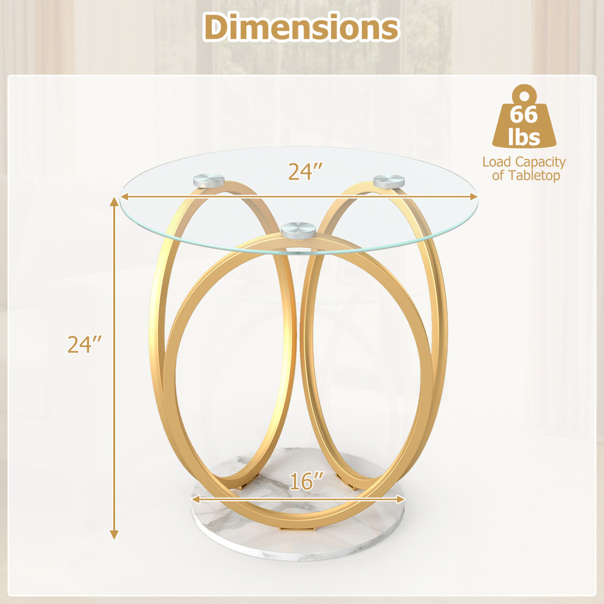 Round End Table with Faux Marble Base, Tempered Glass Top – Gold