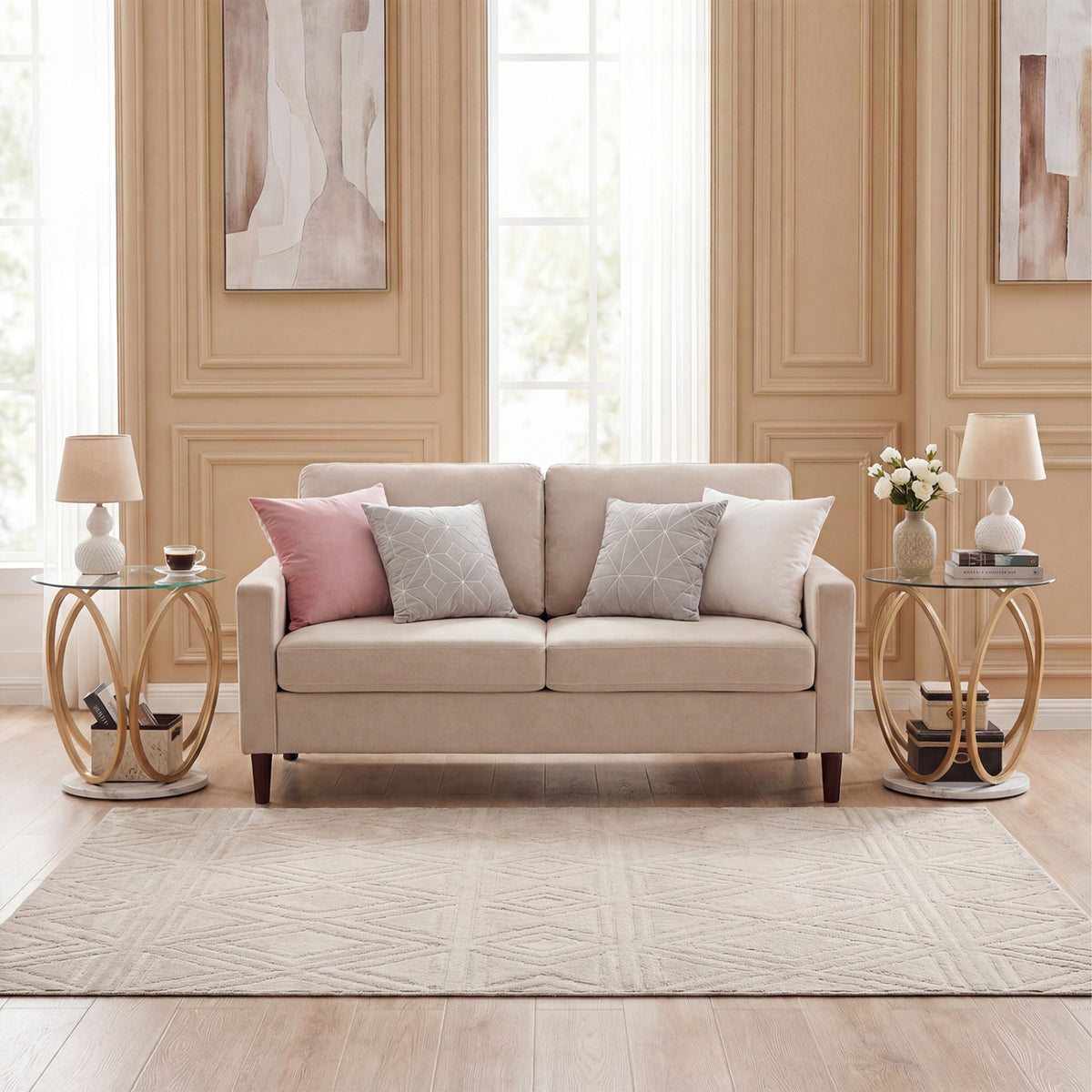 Round End Table with Faux Marble Base, Tempered Glass Top – Gold