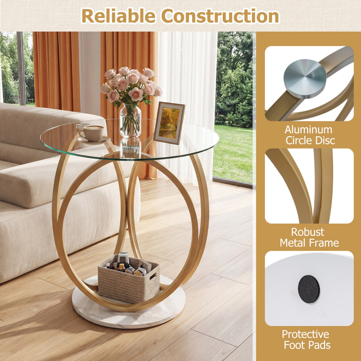 Round End Table with Faux Marble Base, Tempered Glass Top – Gold