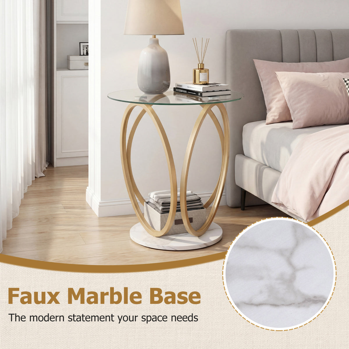 Round End Table with Faux Marble Base, Tempered Glass Top – Gold