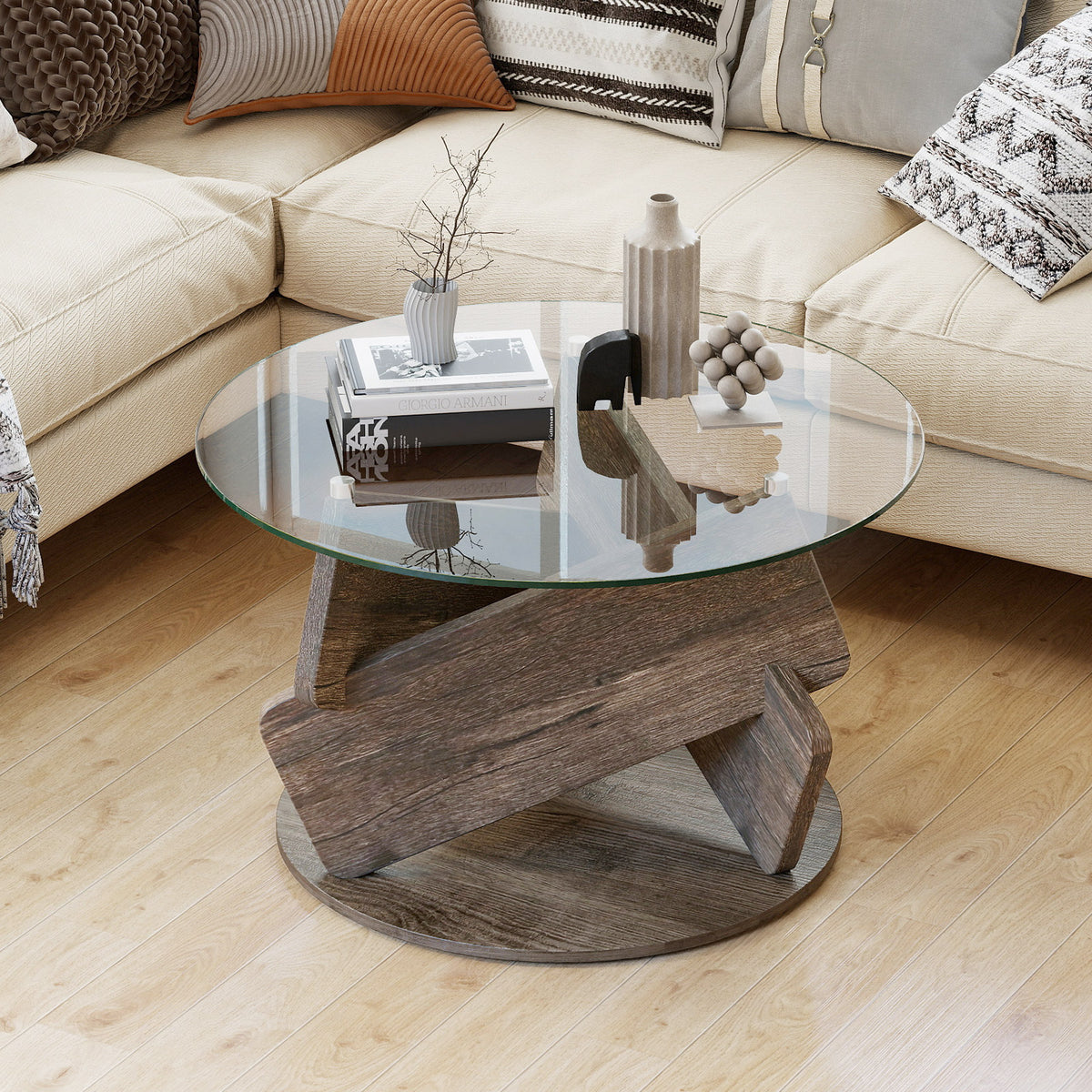 32 Inch Round Glass Coffee Table, Gray