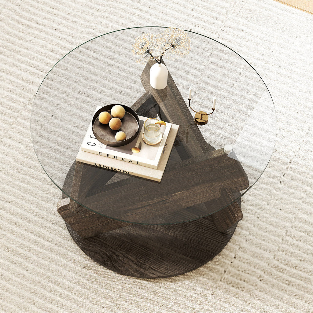 32 Inch Round Glass Coffee Table, Gray