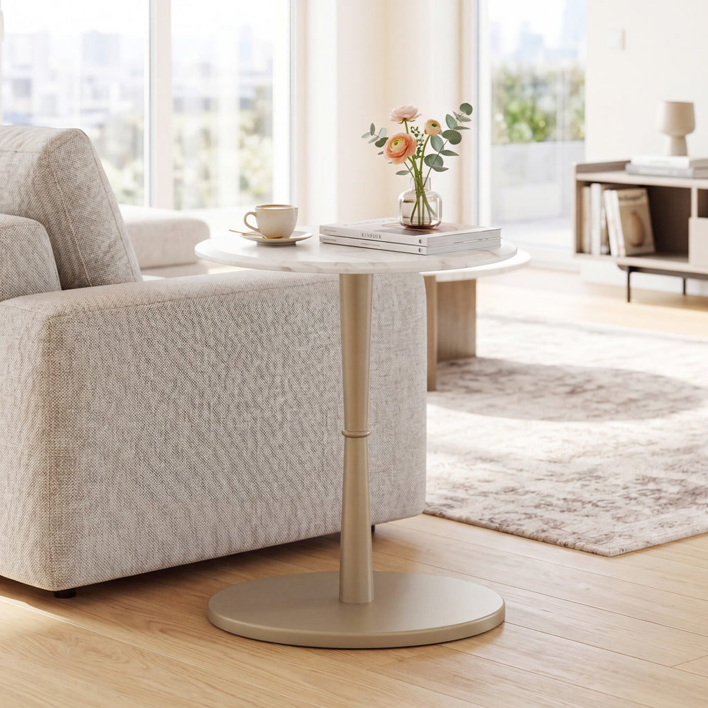 Round Marble Side Table with Wooden Base, Golden – White & Gold