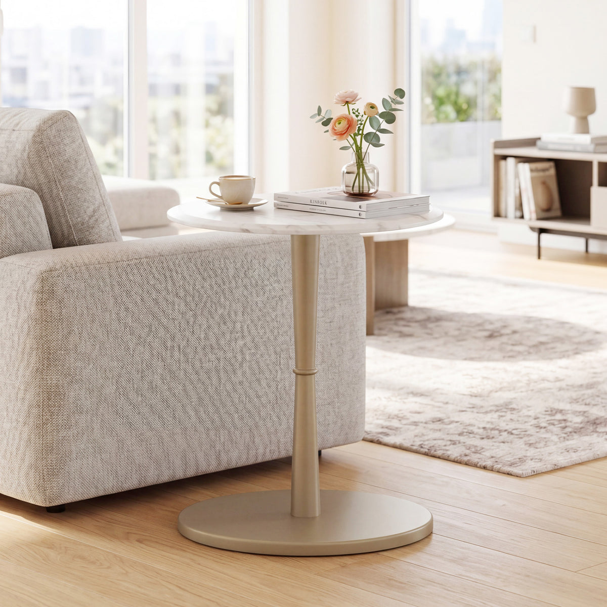 Round Marble Side Table with Wooden Base, Golden – White & Gold
