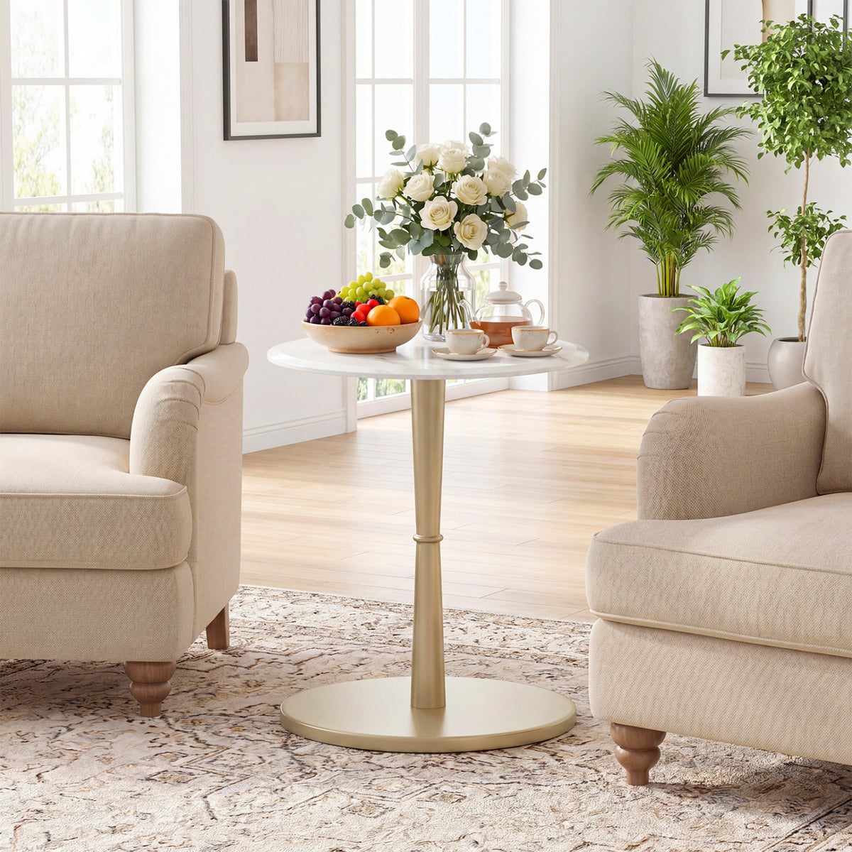 Round Marble Side Table with Wooden Base, Golden – White & Gold
