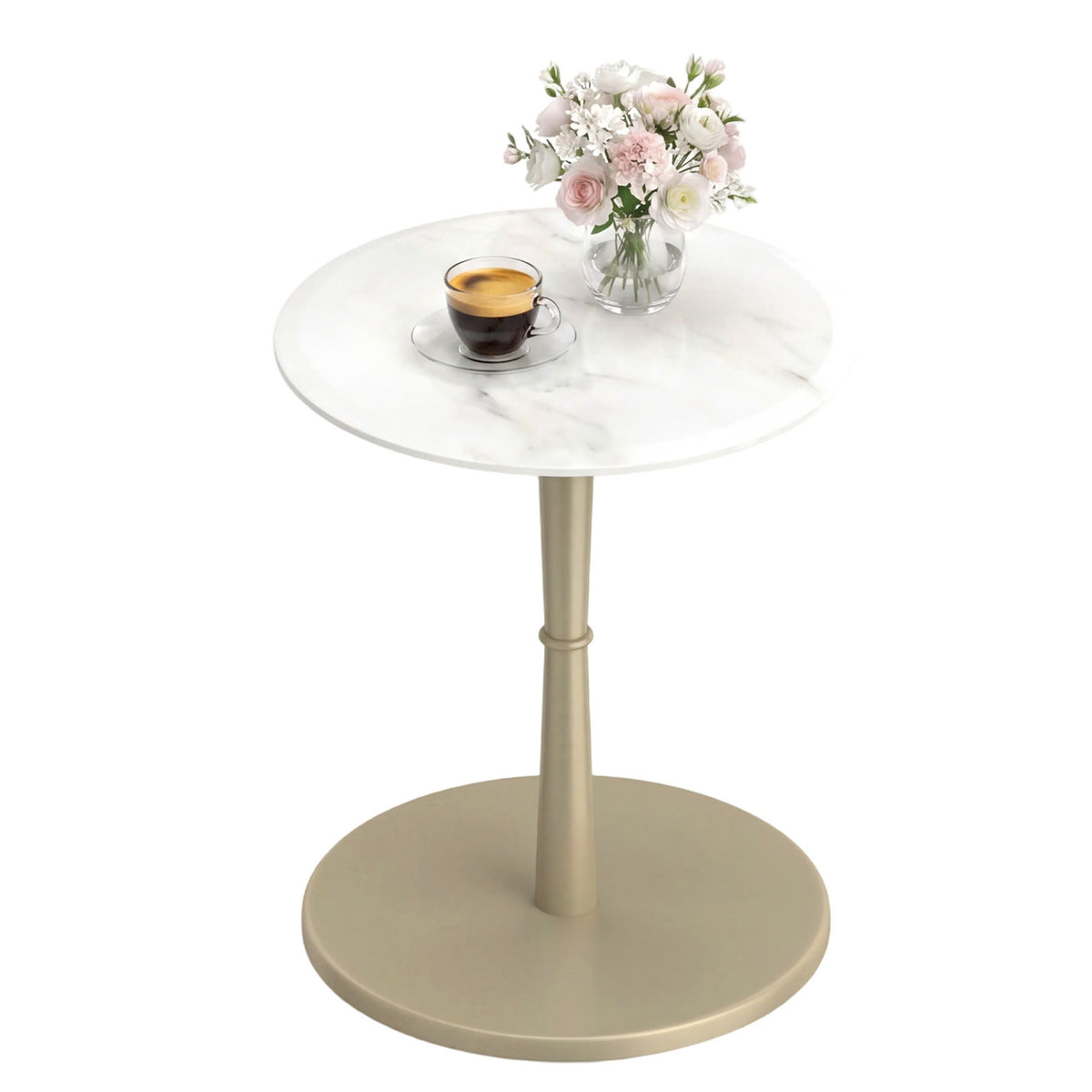Round Marble Side Table with Wooden Base, Golden – White & Gold