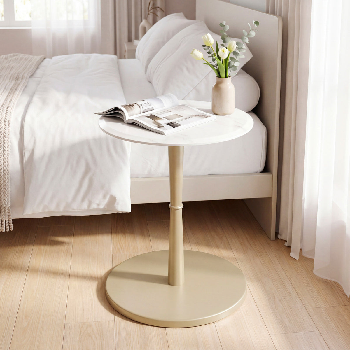 Round Marble Side Table with Wooden Base, Golden – White & Gold
